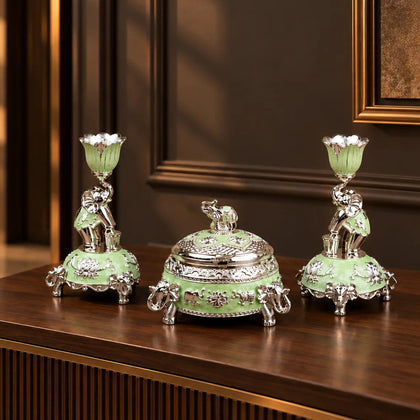 Luxury elephant lotus tabletop décor set with silver finish and mint green accents