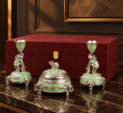 Elephant Decorative Set for Home Décor, Lotus Candle Holders with Lidded Bowl and Spoon, Mint Green and Silver Luxury Tabletop Set