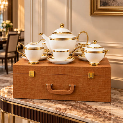 Ghar Art Heritage White 15-Piece Tea Set with Teapot, 6 Cups, 6 Saucers, Sugar Bowl and Creamer | White Ceramic with Gold Detailing and Luxury Presentation Case | Diwali Gift