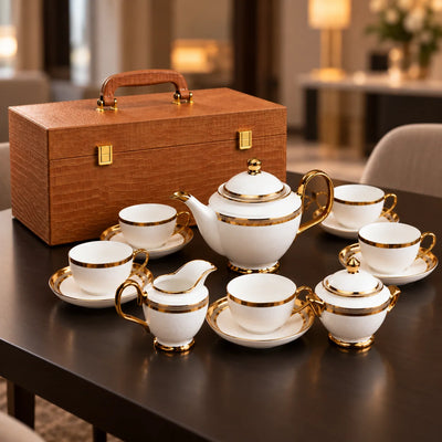 Ghar Art Heritage White 15-Piece Tea Set with Teapot, 6 Cups, 6 Saucers, Sugar Bowl and Creamer | White Ceramic with Gold Detailing and Luxury Presentation Case | Diwali Gift