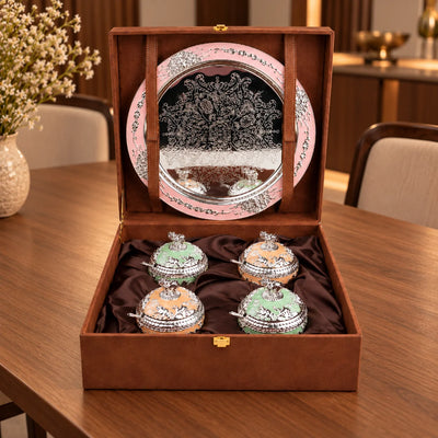 Elephant Lidded Bowl Set with 4 Decorative Containers, Matching Spoons and Ornate Tray, Mint Green and Peach Luxury Home Décor