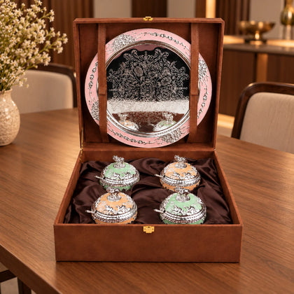 Ghar Art luxury elephant decorative set with four mint green and peach lidded containers and silver tray