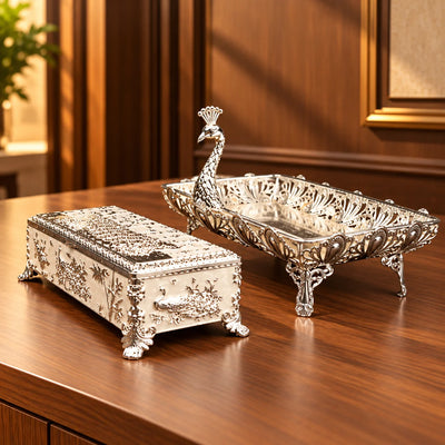 Peacock Dry Fruit Box with Ornate Silver Finish | Decorative Serving Container with Peacock Motif for Festive Hosting and Tabletop Decor