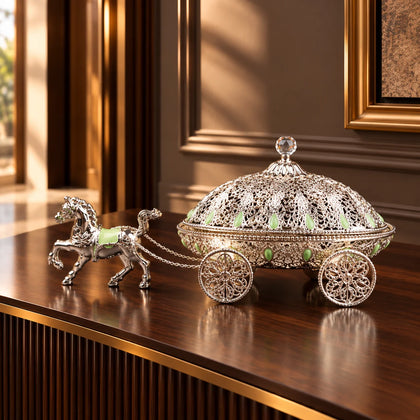 Silver horse carriage jewellery box with soft green detailing