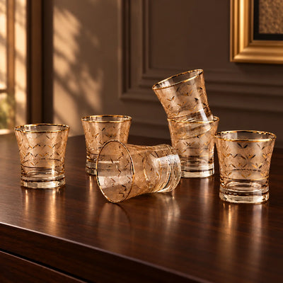 Luxury Drinking Glass Set of 6 with Gold Botanical Floral Design, Gold Rim and Premium Storage Box | Unique Gifting