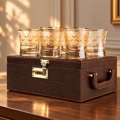 Luxury Drinking Glass Set of 6 with Gold Botanical Floral Design, Gold Rim and Premium Storage Box | Unique Gifting