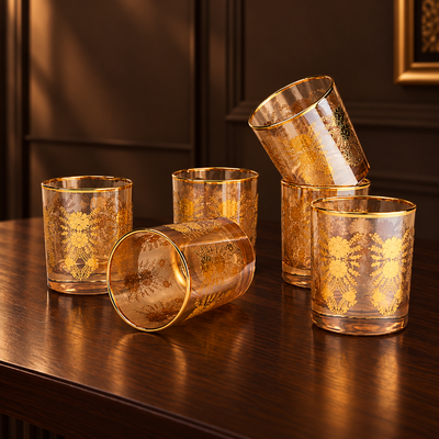 Luxury Drinking Glass Set of 6 with Gold Floral Design, Gold Rim and Premium Storage Case