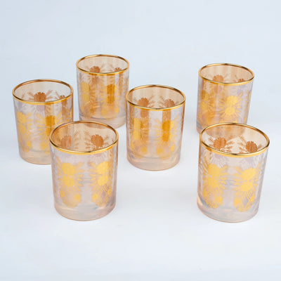 Luxury Drinking Glass Set of 6 with Gold Floral Design, Gold Rim and Premium Storage Case