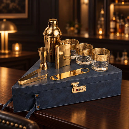 A gold-toned cocktail bar gift set arranged on a dark blue textured box, including a shaker, jigger, flask, bottle opener, tongs, and patterned glasses