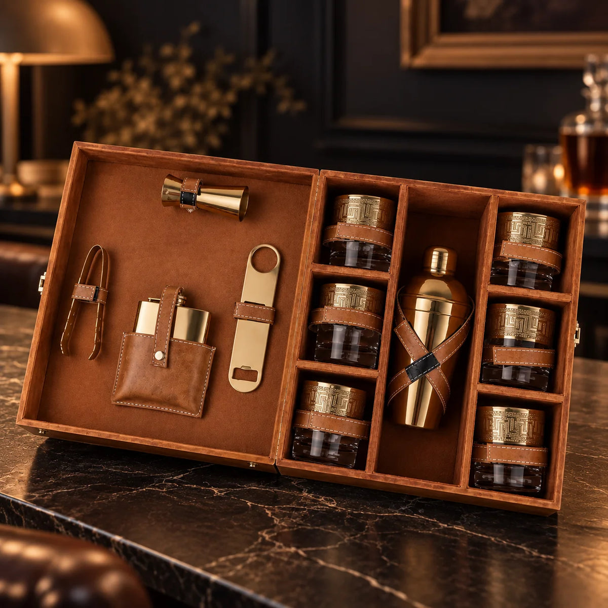 A luxury bar gift set in a wooden presentation box, featuring a gold-toned bottle with a leather wrap, six small amber glass jars with gold lids, a leather pouch with gold accessories, and a brass tongs, all arranged neatly inside an open light brown leather.