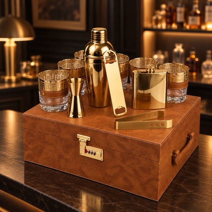 A luxury bar gift set in a wooden box, featuring a gold shaker, flask, jigger, and tumblers with gold Greek key patterns,