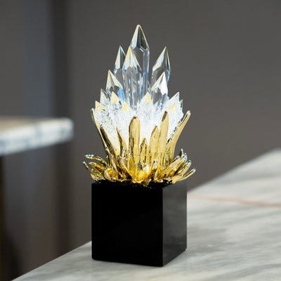 Crystal Flame Decor Set of 2 | Gold Finish Tabletop Ornaments with Clear Crystal-Like Accents and Black Bases, Modern Luxury Home Décor