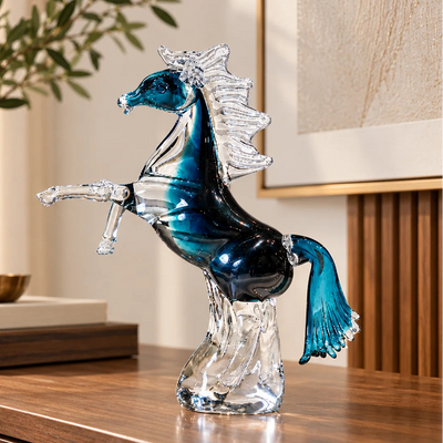 Blue Crystal Horse Figurine | Rearing Equine Tabletop Accent with Transparent Finish and Sapphire Blue Details for Modern Home and Office Décor