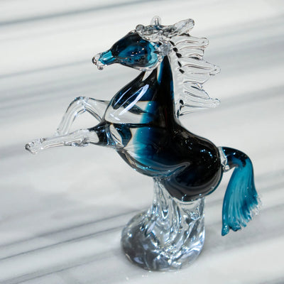 Blue Crystal Horse Figurine | Rearing Equine Tabletop Accent with Transparent Finish and Sapphire Blue Details for Modern Home and Office Décor