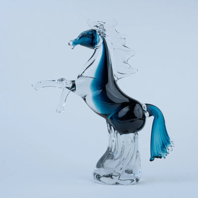 Blue Crystal Horse Figurine | Rearing Equine Tabletop Accent with Transparent Finish and Sapphire Blue Details for Modern Home and Office Décor