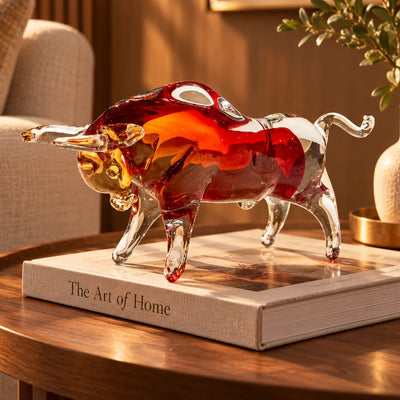 Ruby Red Bull Figurine | Transparent Decorative Bull with Amber Accents, Modern Animal Tabletop Decor for Living Room, Office and Console Table