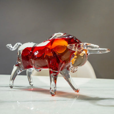 Ruby Red Bull Figurine | Transparent Decorative Bull with Amber Accents, Modern Animal Tabletop Decor for Living Room, Office and Console Table