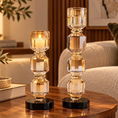 Geometric Crystal Candle Holders Set of 2, Champagne Amber Faceted Candle Stands with Black Bases for Dining Table, Console and Home Décor