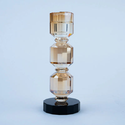 Geometric Crystal Candle Holders Set of 2, Champagne Amber Faceted Candle Stands with Black Bases for Dining Table, Console and Home Décor