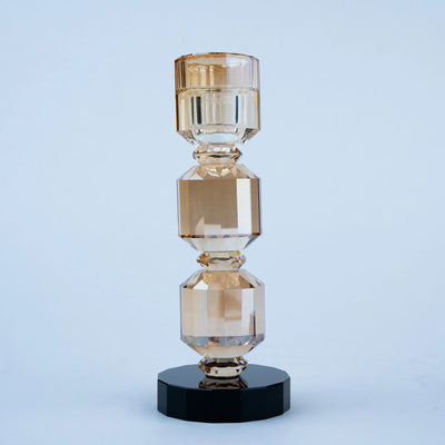 Geometric Crystal Candle Holders Set of 2, Champagne Amber Faceted Candle Stands with Black Bases for Dining Table, Console and Home Décor