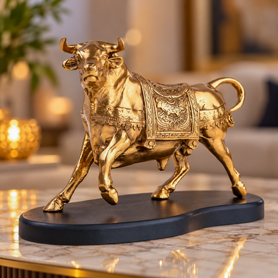 Golden Bull Figurine, Gold Finish Decorative Bull Statue with Ornate Engraved Details and Black Base for Living Room, Office, Console Table and Home Décor