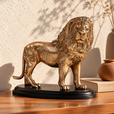 Gold Lion Figurine, Decorative Lion Statue with Textured Mane and Black Oval Base for Living Room, Office Desk, Console Table and Home Décor
