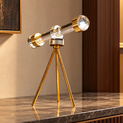 Telescope Inspired Table Décor, Clear Cylindrical Design with Gold-Toned Details and Tripod Stand for Living Room, Office Desk and Study