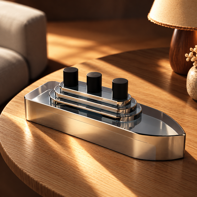 Smoky Grey Glass Ship Figurine, Modern Decorative Ship Showpiece with Reflective Finish and Stepped Deck Design for Living Room, Office and Console Table