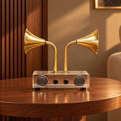 Brass Tone Dual Horn Speaker Showpiece, Retro-Inspired Decorative Accent with Clear Base for Living Room, Office Desk and Modern Interiors