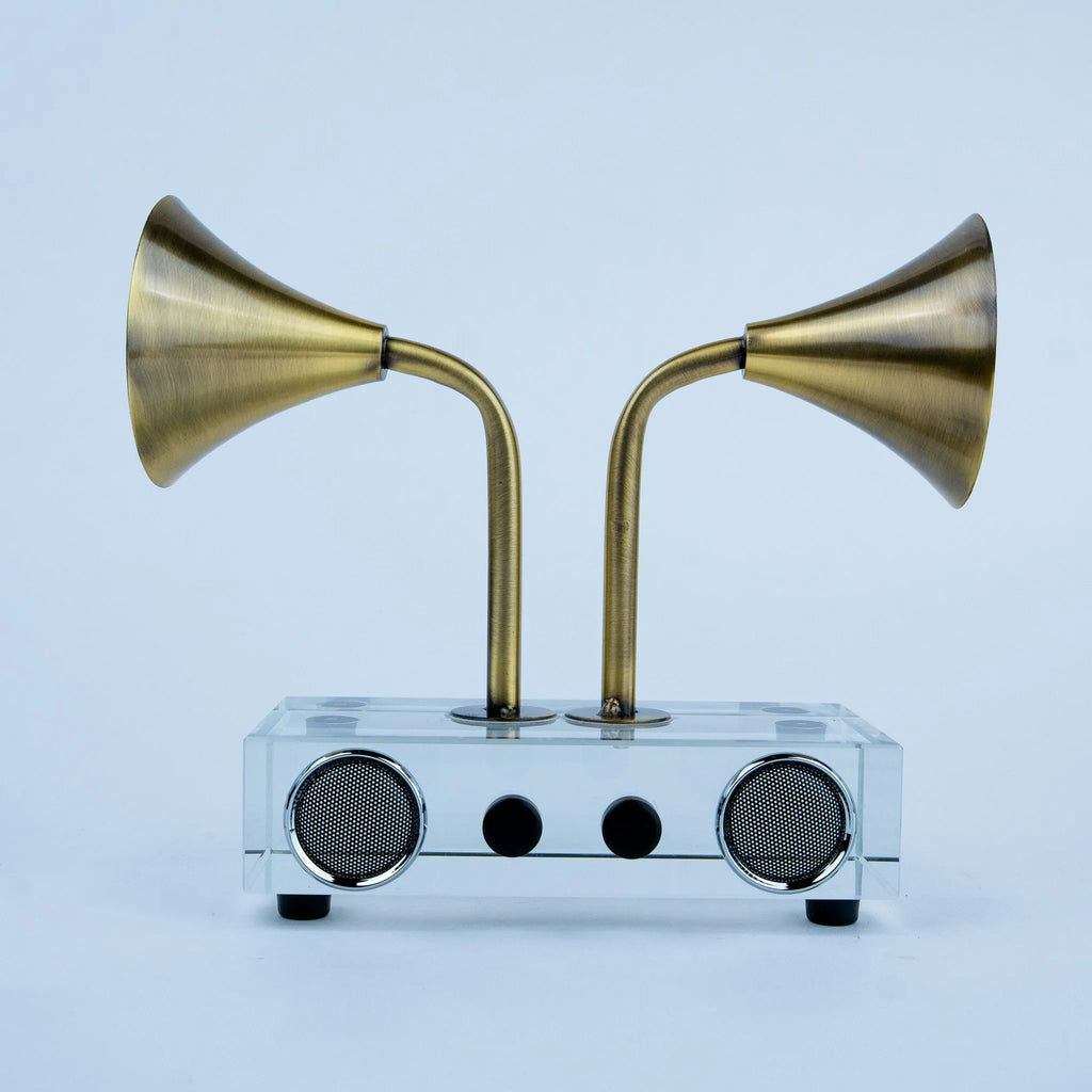 Modern dual horn showpiece with curved stems and clear base