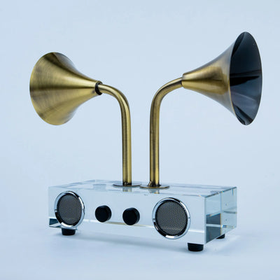Brass Tone Dual Horn Speaker Showpiece, Retro-Inspired Decorative Accent with Clear Base for Living Room, Office Desk and Modern Interiors
