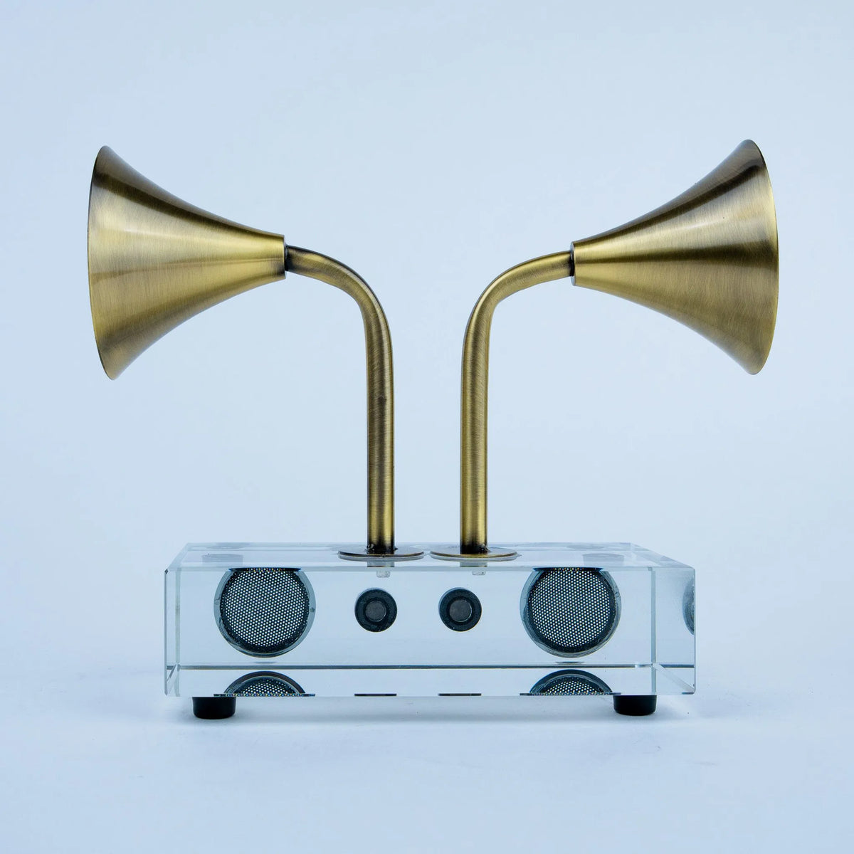 Modern dual horn showpiece with curved stems and clear base