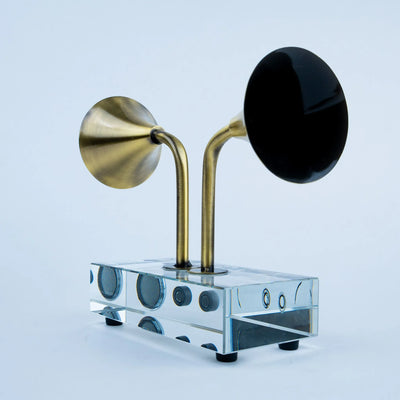 Brass Tone Dual Horn Speaker Showpiece, Retro-Inspired Decorative Accent with Clear Base for Living Room, Office Desk and Modern Interiors