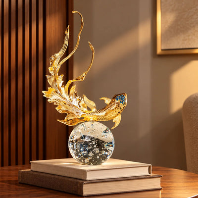 Gold Koi Fish Decorative Showpiece for Home Décor, Luxury Gold Fish Figurine with Blue Crystal-Like Details and Transparent Spherical Base for Living Room, Office and Tabletop Display