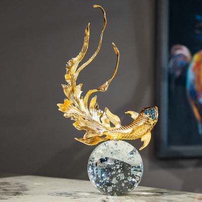 Gold Koi Fish Decorative Showpiece for Home Décor, Luxury Gold Fish Figurine with Blue Crystal-Like Details and Transparent Spherical Base for Living Room, Office and Tabletop Display