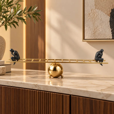 Contemporary Human Figurine Table Décor, Two Contemplative Black Figures on Gold Ladder Design with Spherical Base, Modern Decorative Sculpture for Living Room, Office and Study