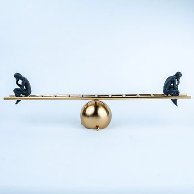 Contemporary Human Figurine Table Décor, Two Contemplative Black Figures on Gold Ladder Design with Spherical Base, Modern Decorative Sculpture for Living Room, Office and Study
