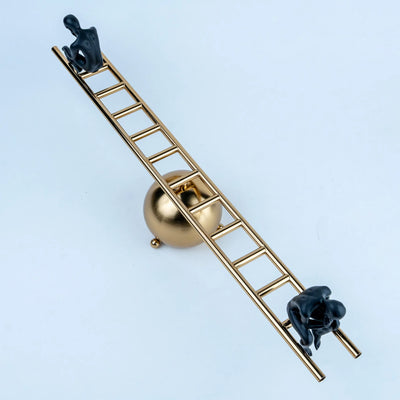 Contemporary Human Figurine Table Décor, Two Contemplative Black Figures on Gold Ladder Design with Spherical Base, Modern Decorative Sculpture for Living Room, Office and Study
