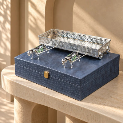 Tiger Motif Decorative Tray | Silver Tone Geometric Tabletop Accent with Green Details for Console Styling and Festive Hosting