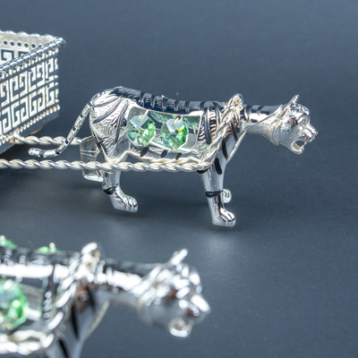 Tiger Motif Decorative Tray | Silver Tone Geometric Tabletop Accent with Green Details for Console Styling and Festive Hosting
