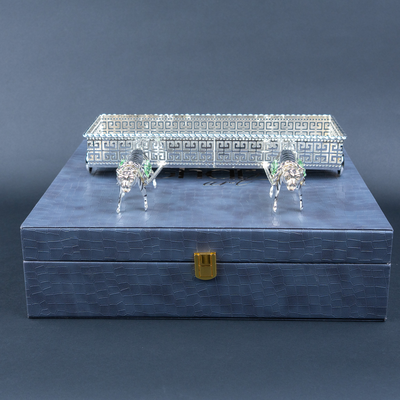 Tiger Motif Decorative Tray | Silver Tone Geometric Tabletop Accent with Green Details for Console Styling and Festive Hosting