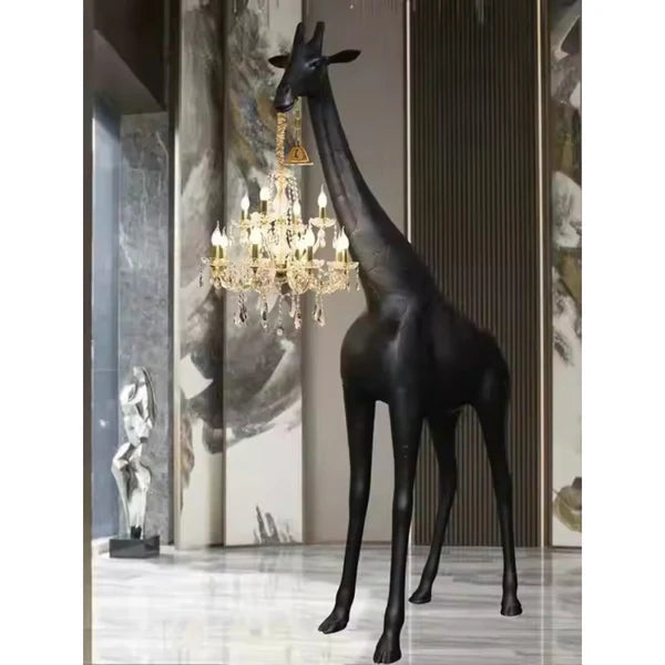 Matte black giraffe chandelier floor sculpture