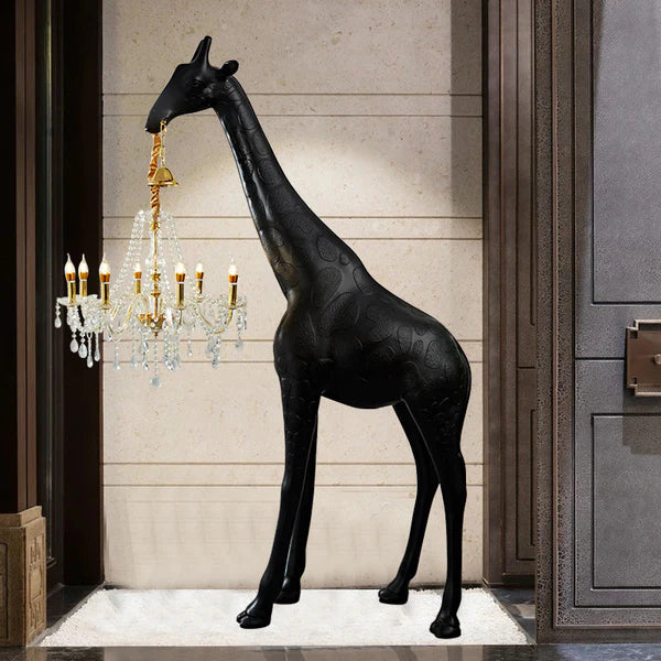 Matte black giraffe chandelier floor sculpture