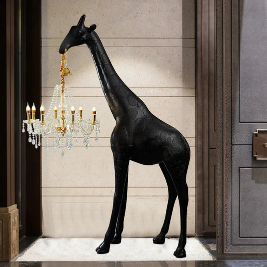Matte black giraffe chandelier floor sculpture