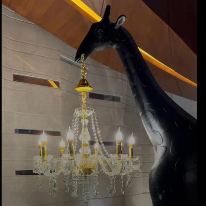 Matte black giraffe chandelier floor sculpture