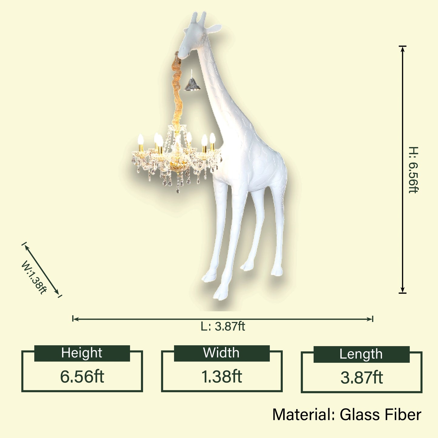 White giraffe chandelier lamp dimensions side