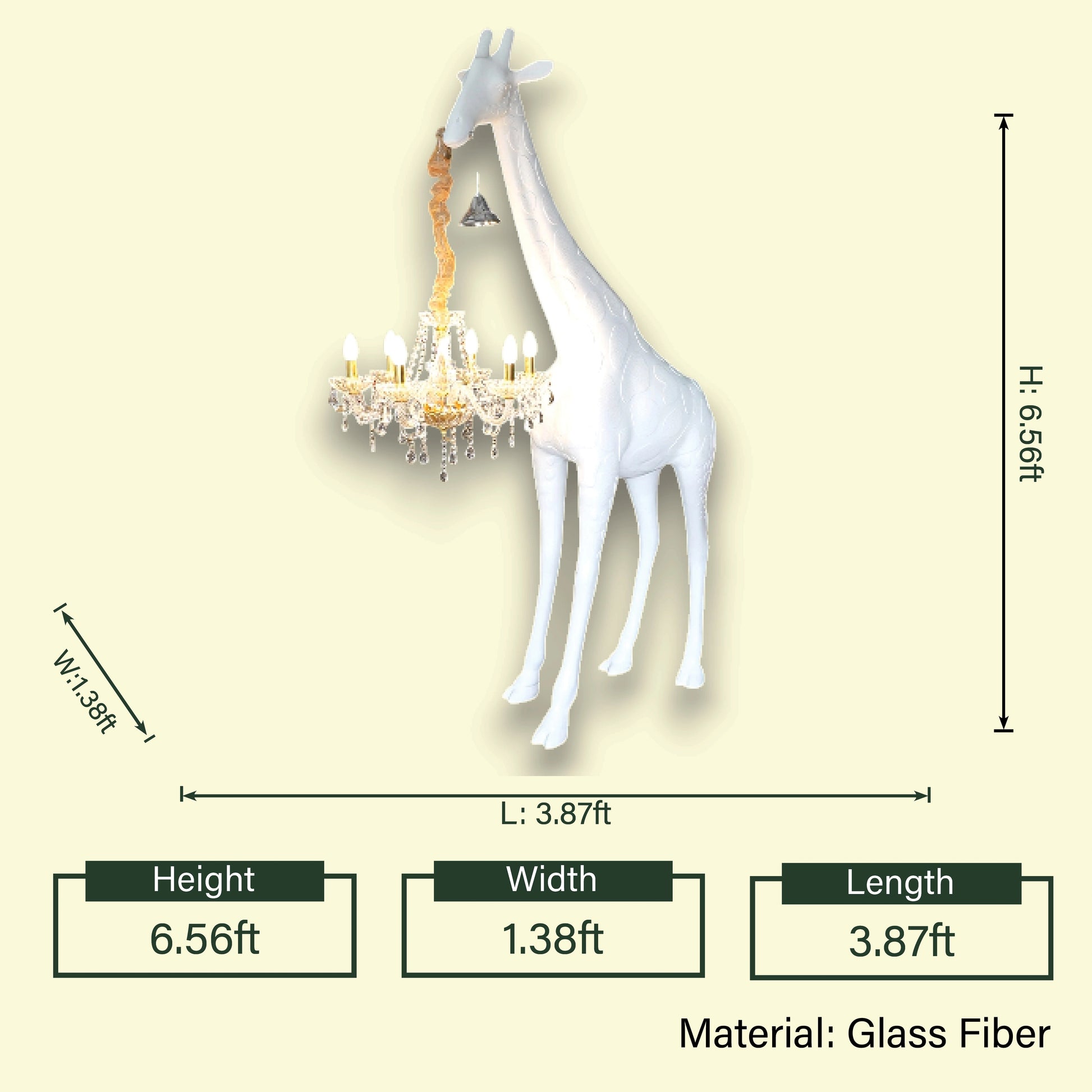 White giraffe chandelier lamp dimensions side
