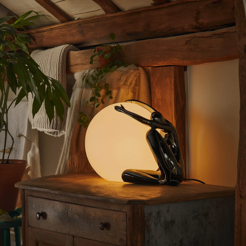 Midnight Embrace lamp in rustic wood interior