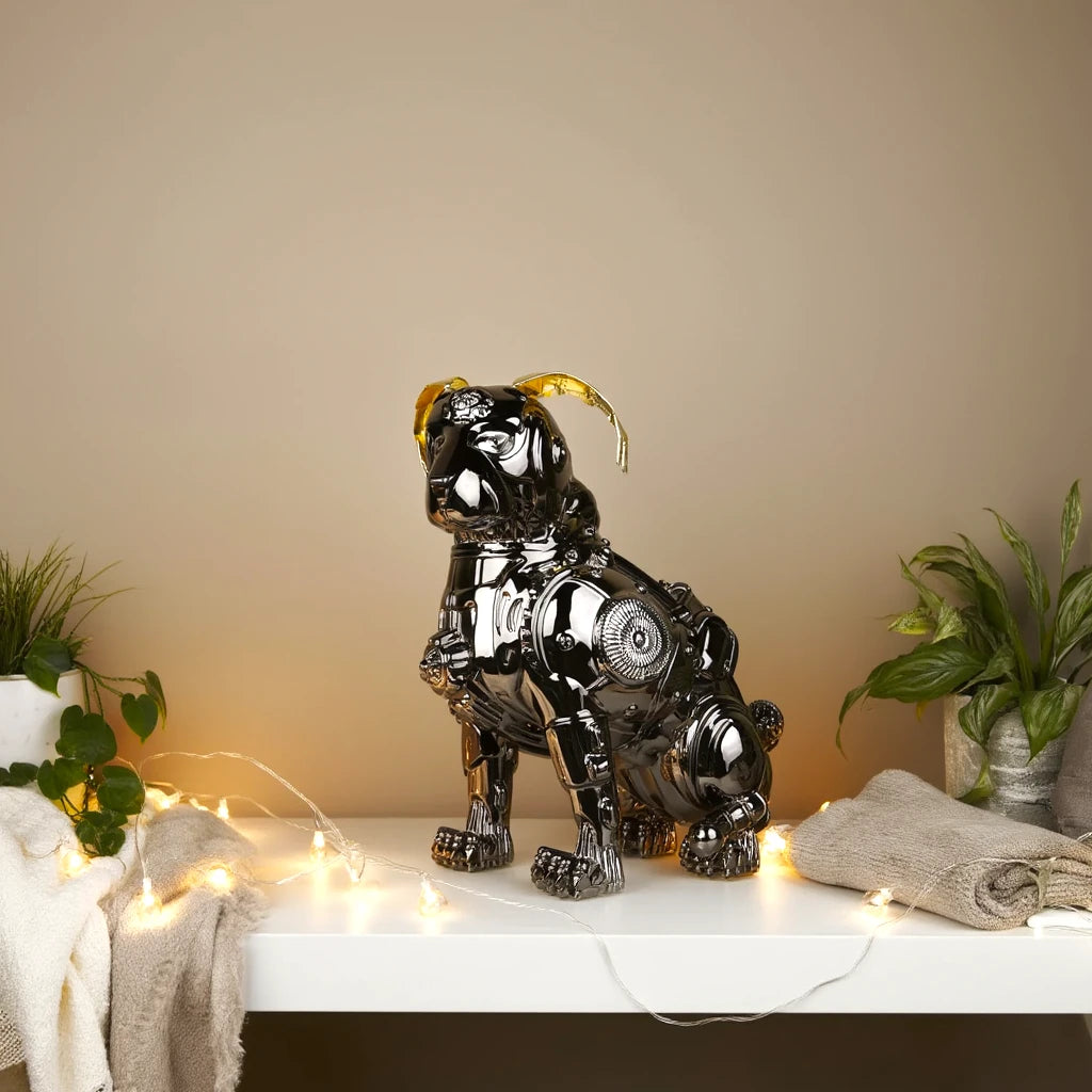 Mechanical dog on white shelf w/ plants