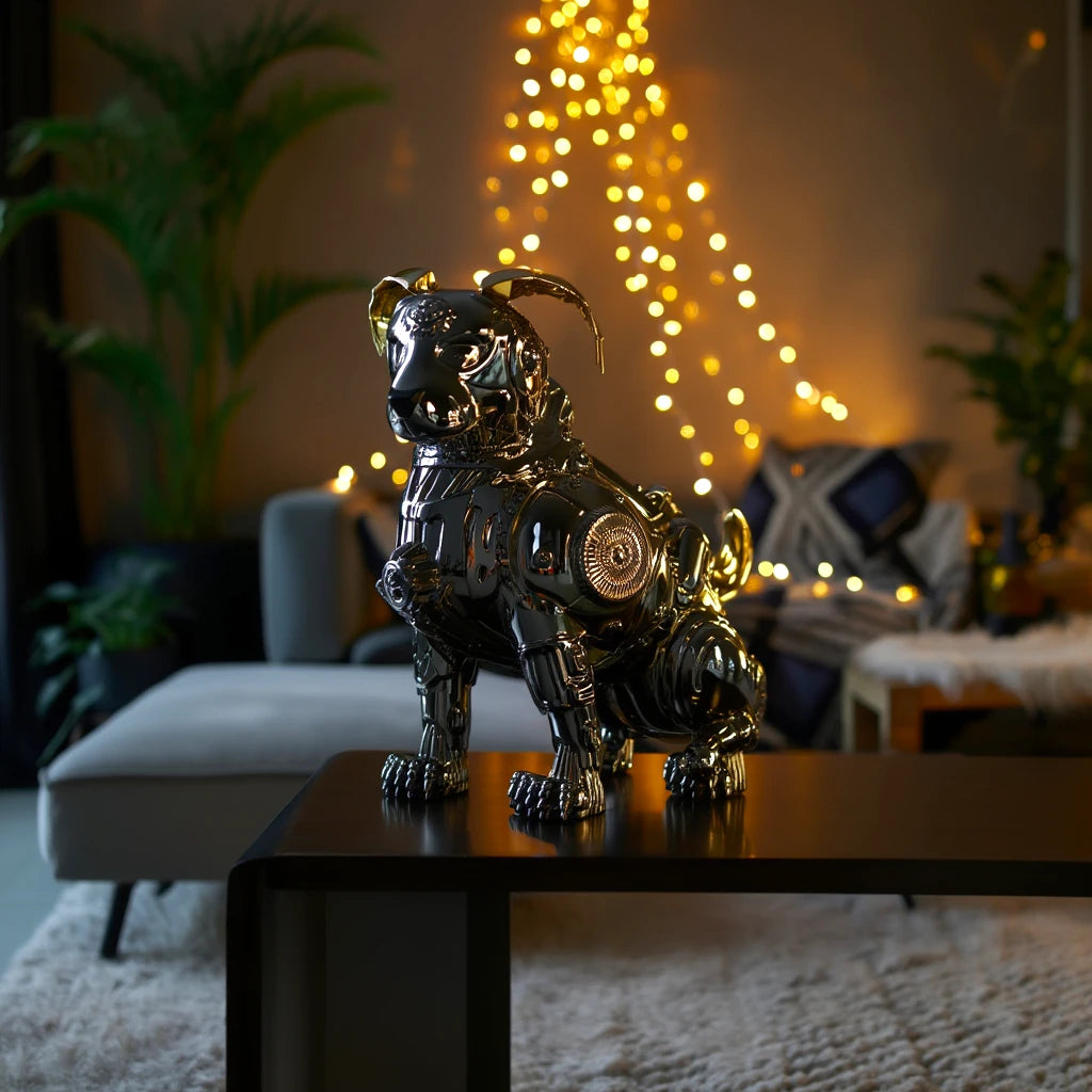Mechanical dog on coffee table w/ fairy lights